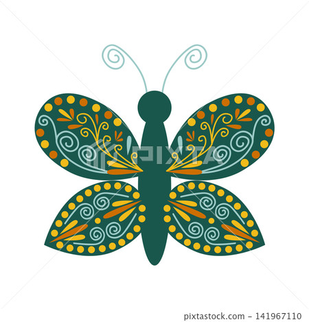 A set of butterfly floral design elements. Folk-style elements with geometric shapes and delicate symmetrical wings A set of butterfly floral design elements. Folk-style elements with geometric shapes and delicate symmetrical wings 141967110
