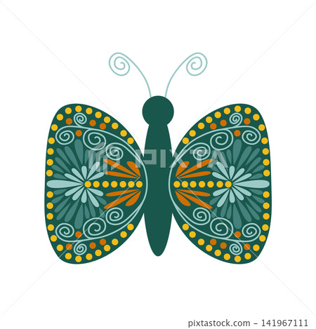A set of butterfly floral design elements. Folk-style elements with geometric shapes and delicate symmetrical wings A set of butterfly floral design elements. Folk-style elements with geometric shapes and delicate symmetrical wings 141967111