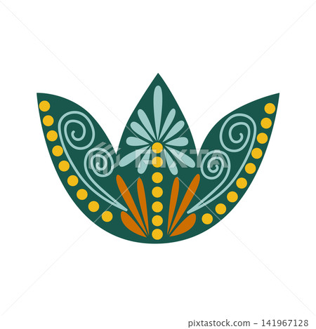 Green Floral design element. Abstract folk style flowers with geometric shapes, delicate petals and leaf. Spring and summer blossoms Green Floral design element. Abstract folk style flowers with geometric shapes, delicate petals and leaf. Spring and summer blossoms 141967128