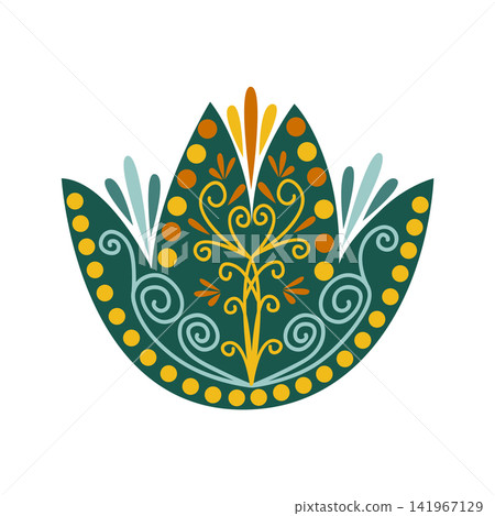 Green Floral design element. Abstract folk style flowers with geometric shapes, delicate petals and leaf. Spring and summer blossoms Green Floral design element. Abstract folk style flowers with geometric shapes, delicate petals and leaf. Spring and summer blossoms 141967129