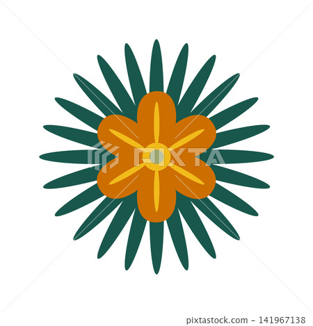 Green Floral design element. Abstract folk style flowers with geometric shapes, delicate petals and leaf. Spring and summer blossoms 141967138