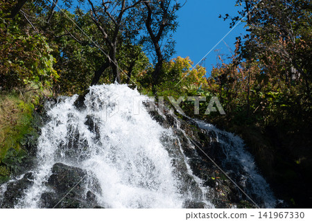 A powerful waterfall cascading down between rocks amidst lush green trees and a clear blue sky. A powerful waterfall cascading down between rocks amidst lush green trees and a clear blue sky. 141967330