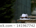 White fedora hat and sunglasses on rustic wooden table outdoors 141967742