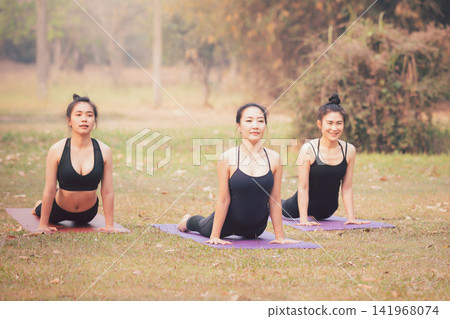 Group of Asian woman practicing yoga in Cobra Pose (Bhujangasana) on the mat in outdoor park. Group of Asian woman practicing yoga in Cobra Pose (Bhujangasana) on the mat in outdoor park. 141968074