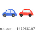 A set of hand-drawn watercolor-style illustrations of a red car and a blue car, without outlines. 141968107