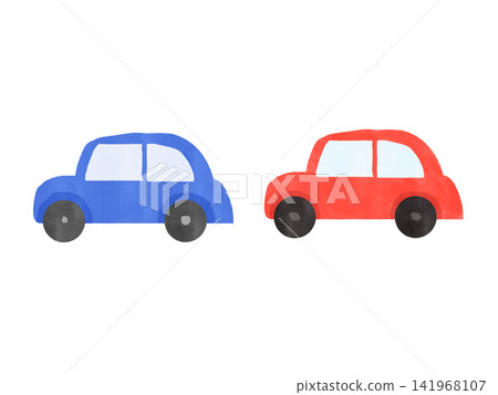 A set of hand-drawn watercolor-style illustrations of a red car and a blue car, without outlines. 141968107