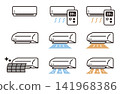 An air conditioner icon. Illustrations of temperature settings, filter cleaning, and energy saving. 141968386
