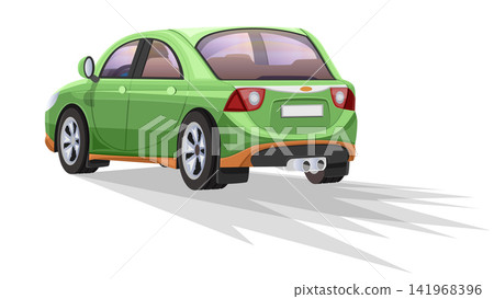 Rear view of a modern green sedan car with shadow effect. Detailed wheels tail lights and exhaust pipes set against a plain background with dynamic shadow lines. Isolated white background. Rear view of a modern green sedan car with shadow effect. Detailed wheels tail lights and exhaust pipes set against a plain background with dynamic shadow lines. Isolated white background. 141968396