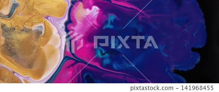 Abstract acrylic pour fluid art background in gold, purple and dark blue tones with marble texture and wavy pattern Abstract acrylic pour fluid art background in gold, purple and dark blue tones with marble texture and wavy pattern 141968455