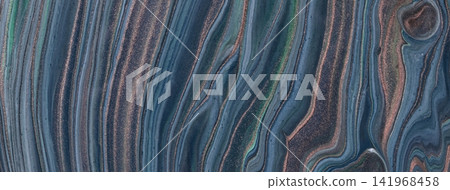 Abstract dark blue and rose gold fluid art background with marble texture. Liquid navy acrylic painting backdrop 141968458