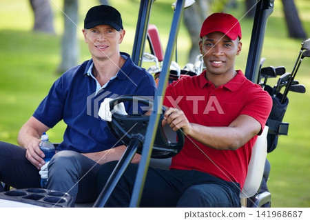 Men, smile and drive cart on golf course for transportation, relaxation or conversation between holes. People, happy and together outdoors for health, fitness and exercise communicate on ride Men, smile and drive cart on golf course for transportation, relaxation or conversation between holes. People, happy and together outdoors for health, fitness and exercise communicate on ride 141968687