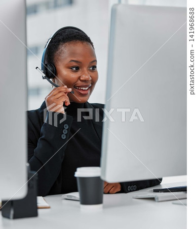 Call center, contact us and black woman consultant in office for online consultation with headset. Technology, technical support and female customer service or telemarketing agent work on computer. Call center, contact us and black woman consultant in office for online consultation with headset. Technology, technical support and female customer service or telemarketing agent work on computer. 141968688