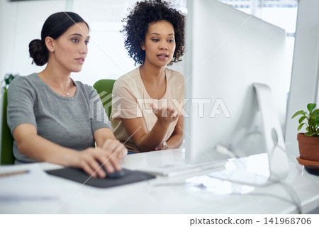 Creative, business and woman on computer in office as web designer for teamwork on digital technology for project design. Employee, staff and pc as developer with research on feedback report for work Creative, business and woman on computer in office as web designer for teamwork on digital technology for project design. Employee, staff and pc as developer with research on feedback report for work 141968706