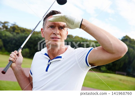 Man, outdoor and looking for ball in golf game on course to see progress in sport or competition. Athlete, search distance or find target practice on turf of club or person thinking about lost shot Man, outdoor and looking for ball in golf game on course to see progress in sport or competition. Athlete, search distance or find target practice on turf of club or person thinking about lost shot 141968760
