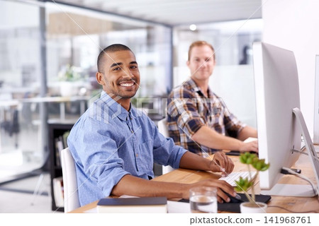 Computer, portrait and businessmen in office at desk for support, creativity and project collaboration. Graphic design, diversity and happy employees for teamwork, synergy or confidence in workplace Computer, portrait and businessmen in office at desk for support, creativity and project collaboration. Graphic design, diversity and happy employees for teamwork, synergy or confidence in workplace 141968761