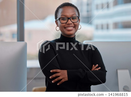 African businesswoman, smile and portrait for career report or project management in modern office. Profession, happy and confident for corporate, organisation or work in job for company empowerment African businesswoman, smile and portrait for career report or project management in modern office. Profession, happy and confident for corporate, organisation or work in job for company empowerment 141968815