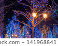 Beautiful illuminations and streetlights adorn the trees lining the streets at night. 141968841