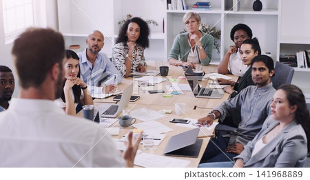 Collaboration, meeting and presentation with business people talking in office boardroom together. Company, project management or workshop with man and woman employee team in workplace for strategy Collaboration, meeting and presentation with business people talking in office boardroom together. Company, project management or workshop with man and woman employee team in workplace for strategy 141968889