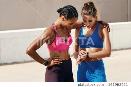 Fitness, women and smart watch check in city for workout, steps or shocked by training time progress. Wellness, friends or health app for calories, tracking or heartbeat, pulse or weight loss results Fitness, women and smart watch check in city for workout, steps or shocked by training time progress. Wellness, friends or health app for calories, tracking or heartbeat, pulse or weight loss results 141968921