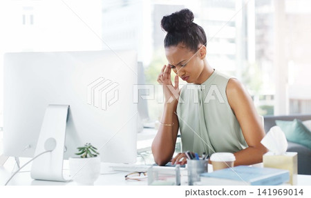 Administrator, stressed and business woman on computer, planning and schedule for company on technology. Receptionist, system administration and vision, working on company website with headache Administrator, stressed and business woman on computer, planning and schedule for company on technology. Receptionist, system administration and vision, working on company website with headache 141969014