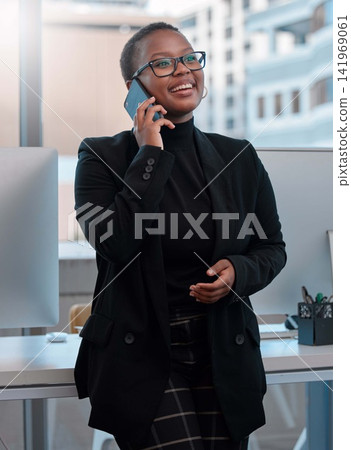 African business woman, phone call and career for audio conversation, communication or networking in office for telecom. Journalist or editor and smile with tech for discussion, talk or good news African business woman, phone call and career for audio conversation, communication or networking in office for telecom. Journalist or editor and smile with tech for discussion, talk or good news 141969061