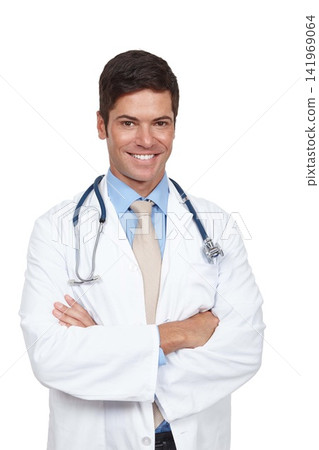Smile, man and doctor with stethoscope and arms crossed in portrait for medicare or healthcare in studio. Happy, male person and surgeon with confidence, trust and support for cardiology or medicine Smile, man and doctor with stethoscope and arms crossed in portrait for medicare or healthcare in studio. Happy, male person and surgeon with confidence, trust and support for cardiology or medicine 141969064