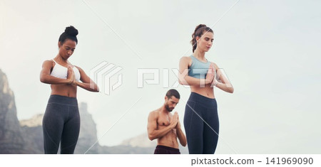 Prayer hands meditation, yoga and group outdoor for fitness, mindfulness and peace of people on sky mockup space. Namaste, class and calm in nature for exercise, zen and wellness for healthy body Prayer hands meditation, yoga and group outdoor for fitness, mindfulness and peace of people on sky mockup space. Namaste, class and calm in nature for exercise, zen and wellness for healthy body 141969090