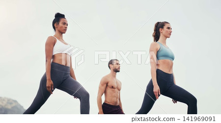 People, yoga and stretching together in fitness club for sports, health or wellness in outdoor class. Friends, exercise or pilates training in group for teamwork, community and support in nature People, yoga and stretching together in fitness club for sports, health or wellness in outdoor class. Friends, exercise or pilates training in group for teamwork, community and support in nature 141969091
