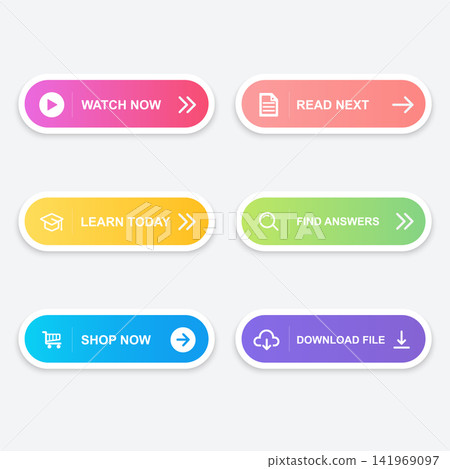Modern call to action button collection with colorful gradient capsules, rounded frames, bold typography, white icons, arrows, and options for watching, reading, learning, search, shopping, and downlo Modern call to action button collection with colorful gradient capsules, rounded frames, bold typography, white icons, arrows, and options for watching, reading, learning, search, shopping, and downlo 141969097