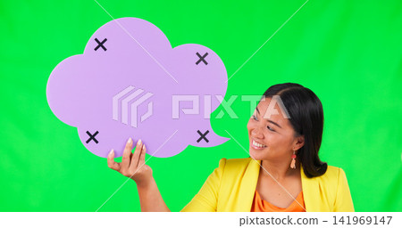 Speech bubble, space and business woman by green screen with mockup for communication. Advertising, marketing and Asian female person with board or sign with tracking markers by chroma key background Speech bubble, space and business woman by green screen with mockup for communication. Advertising, marketing and Asian female person with board or sign with tracking markers by chroma key background 141969147