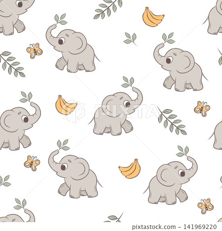 Vector seamless pattern elephants, bananas and butterflies 141969220