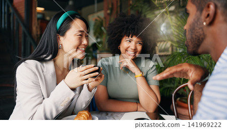 People, friends and laughing with coffee at cafe for funny joke, discussion or break together. Happy group smile enjoying fun conversation with beverage, croissant or cup of tea at indoor restaurant People, friends and laughing with coffee at cafe for funny joke, discussion or break together. Happy group smile enjoying fun conversation with beverage, croissant or cup of tea at indoor restaurant 141969222