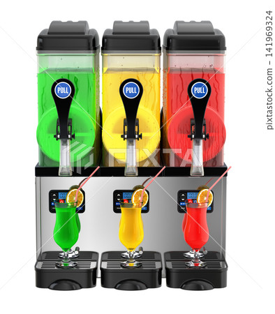 Front view of slush machine with three colours liquid dispenser isolated on transparent background - 3d PNG illustration Front view of slush machine with three colours liquid dispenser isolated on transparent background - 3d PNG illustration 141969324