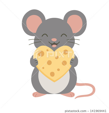 Cute Mouse Holding a Large Heart-Shaped Cheese. Adorable Flat Cartoon Character Cute Mouse Holding a Large Heart-Shaped Cheese. Adorable Flat Cartoon Character 141969441