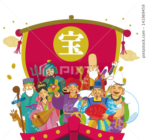 Hand-drawn Japanese-style illustration of the Seven Lucky Gods on a treasure ship 141969459