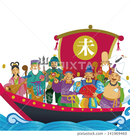 寶船上的七福神手繪日式插畫 寶船上的七福神手繪日式插畫 141969460