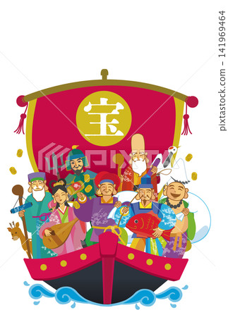 Hand-drawn Japanese-style illustration of the Seven Lucky Gods on a treasure ship Hand-drawn Japanese-style illustration of the Seven Lucky Gods on a treasure ship 141969464