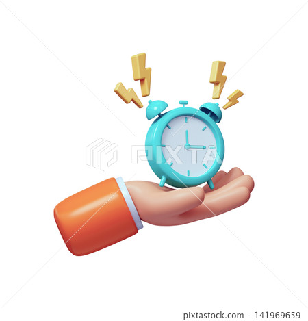 Colorful 3D illustration of a hand holding an alarm clock Colorful 3D illustration of a hand holding an alarm clock 141969659