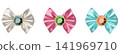 A set of 3D rendered illustrations of toy-like jeweled satin ribbons that can also be used as icons. 141969710