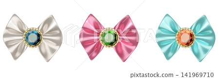 A set of 3D rendered illustrations of toy-like jeweled satin ribbons that can also be used as icons. A set of 3D rendered illustrations of toy-like jeweled satin ribbons that can also be used as icons. 141969710