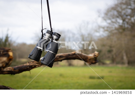 Black binoculars on a fallen tree, travel concept Black binoculars on a fallen tree, travel concept 141969858