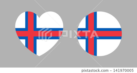 Faroe Islands flag heart, circle icon, sticker. Set of Flag of Faroe Islands with Nordic Cross heart, round shape button, badge. National Faroe Islands flag banner, background. 141970005