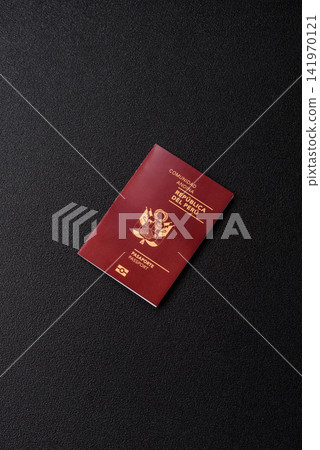 Peru, peruvian passport or id document with tickets for flight, border crossing. Peruvian passport Peru, peruvian passport or id document with tickets for flight, border crossing. Peruvian passport 141970121