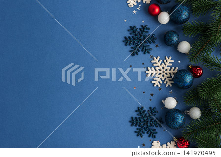 Christmas and New Year Holiday Festive Decorative Elements Collection on Blue Background Christmas and New Year Holiday Festive Decorative Elements Collection on Blue Background 141970495