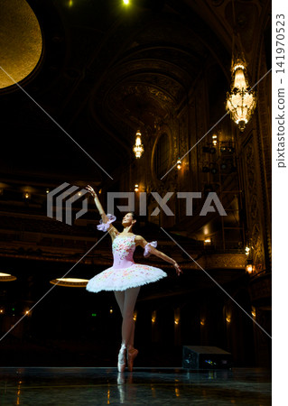 Ballerina Extending Leg in Arabesque Beneath Vaulted Ceiling 141970523