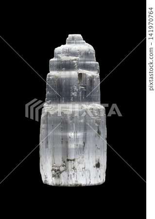 Macro mineral stone Selenite Gypsum on a black background Macro mineral stone Selenite Gypsum on a black background 141970764