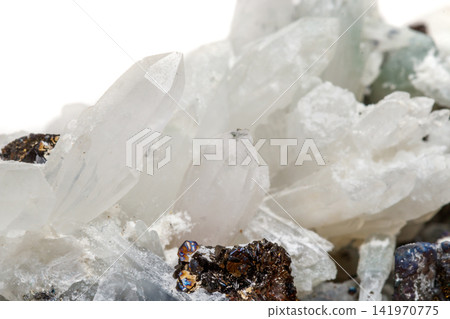 Macro mineral stone Drusus quartz with sphalerite in the rock a white background Macro mineral stone Drusus quartz with sphalerite in the rock a white background 141970775