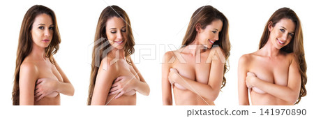 Collage, woman and topless in nude, body and naked with sexy, smile and covering chest in studio. Female person, beauty portrait and skin for wellness or bare breast on white background in composite Collage, woman and topless in nude, body and naked with sexy, smile and covering chest in studio. Female person, beauty portrait and skin for wellness or bare breast on white background in composite 141970890
