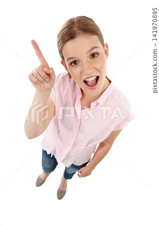 Surprise, woman and portrait pointing for promotion, advertising or marketing with mockup space from above angle on white background. Wow, gen z girl or hands to show logo, icon or in studio backdrop Surprise, woman and portrait pointing for promotion, advertising or marketing with mockup space from above angle on white background. Wow, gen z girl or hands to show logo, icon or in studio backdrop 141970895