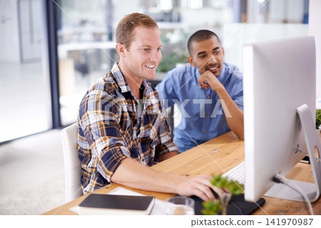 Teamwork, computer and businessmen in office at desk for support, creativity and project collaboration. Graphic design, professional and employees for discussion, working or planning in workplace Teamwork, computer and businessmen in office at desk for support, creativity and project collaboration. Graphic design, professional and employees for discussion, working or planning in workplace 141970987